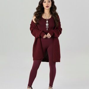 3PC  Burgundy Leggings and Cardigan Set